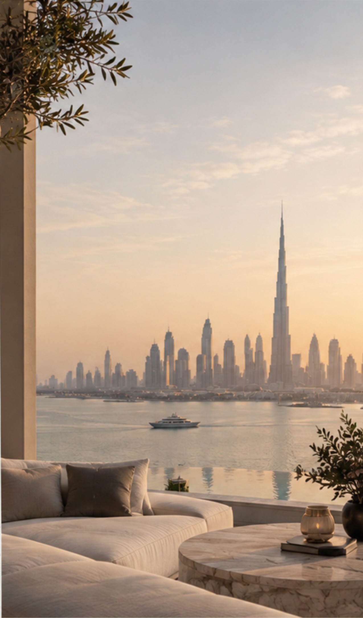 A terrace facing the Dubai skyline and the Burj Khalifa at sunset